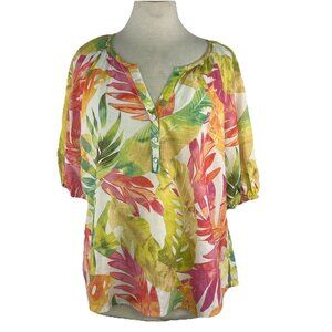 Tommy Bahama Shirt L Womens Multicolor Linen Viscose Floral Button Pullover Top